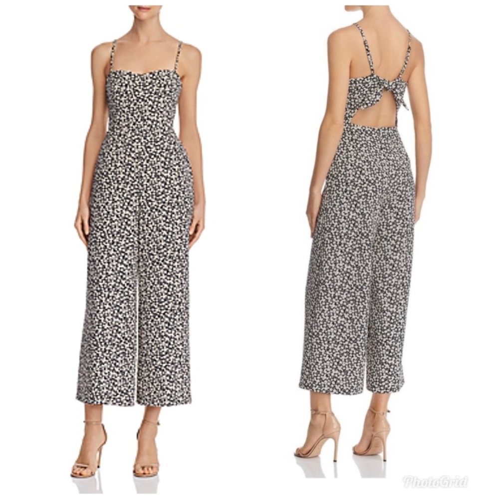 French Connection cropped tie back floral print jumpsuit in black/cream, size 6